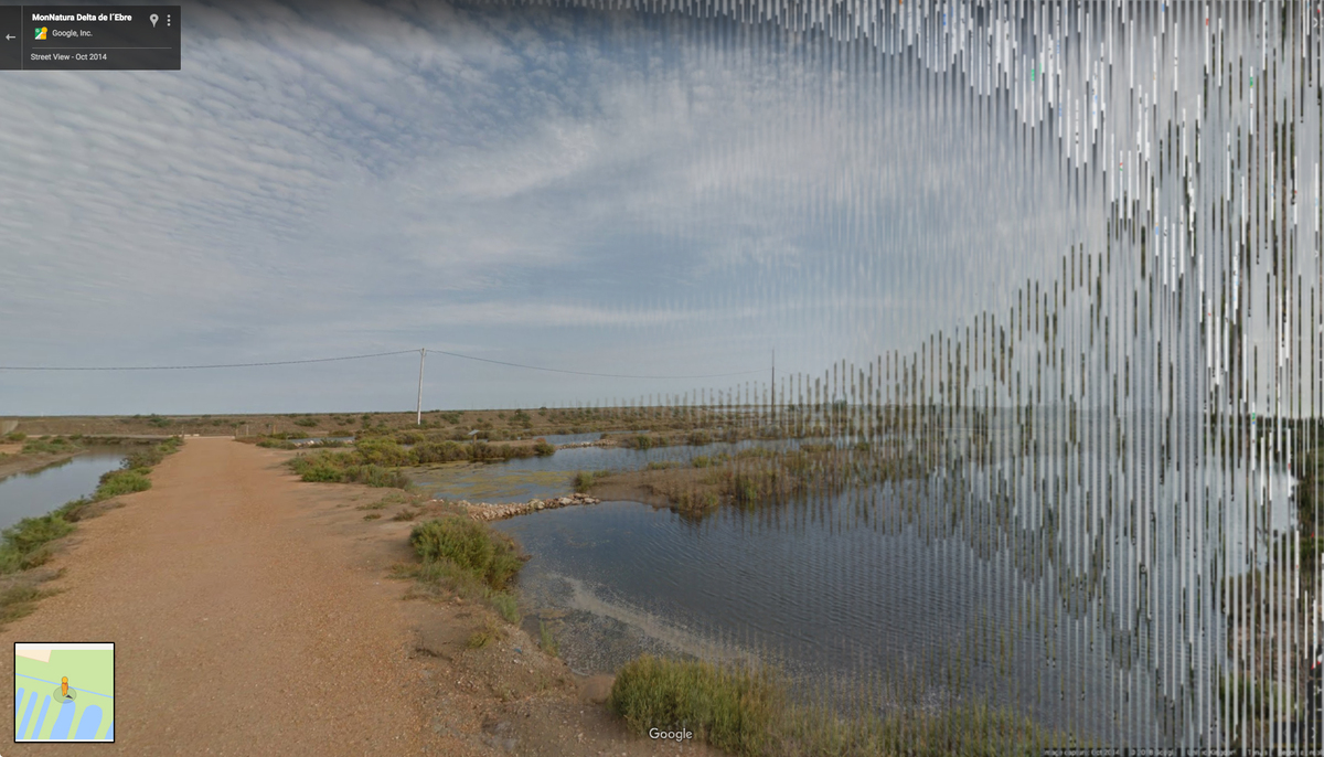 A google streetview screenshot of the Ebro Delta, a rural marshland. From left to right across the horizon, the image starts to blur and undulate, taking the form of a soundwave.