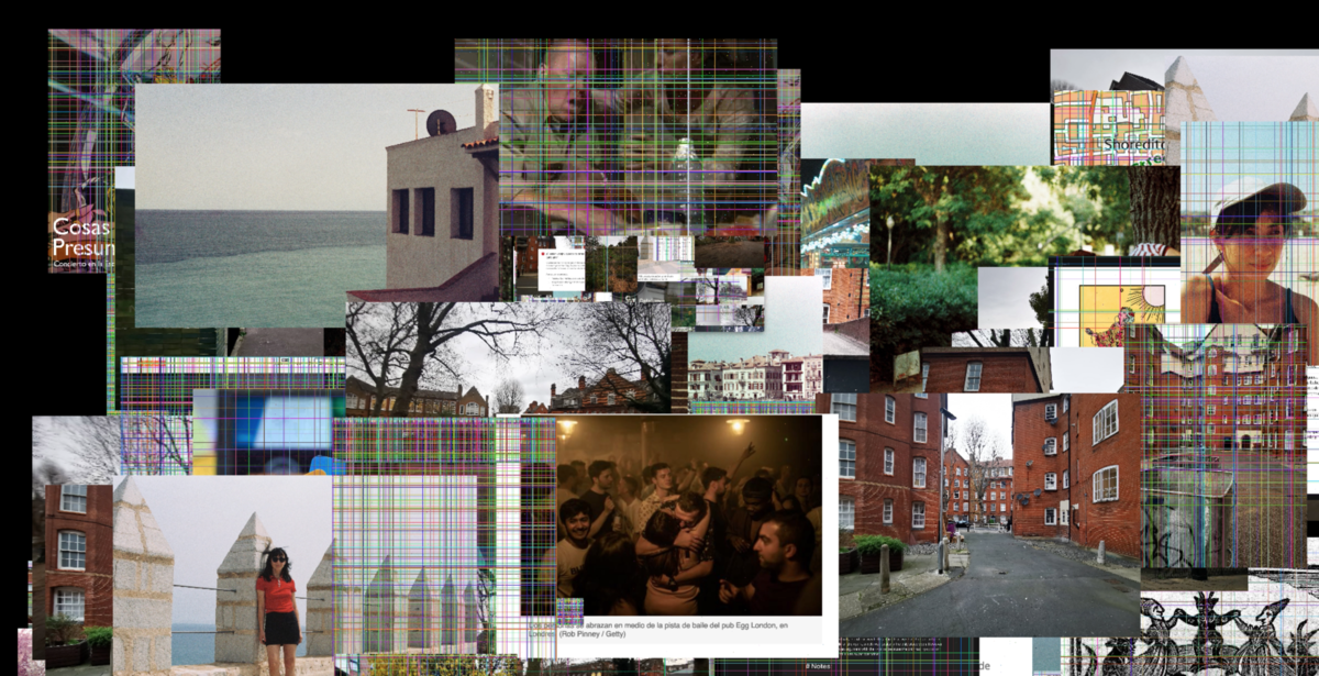 A computer screensaver, showing a slideshow of images – holiday snaps, screenshots, memes, some of which have been corrupted with digital noise – odd pixels or lines of random colours criss-crossing them
