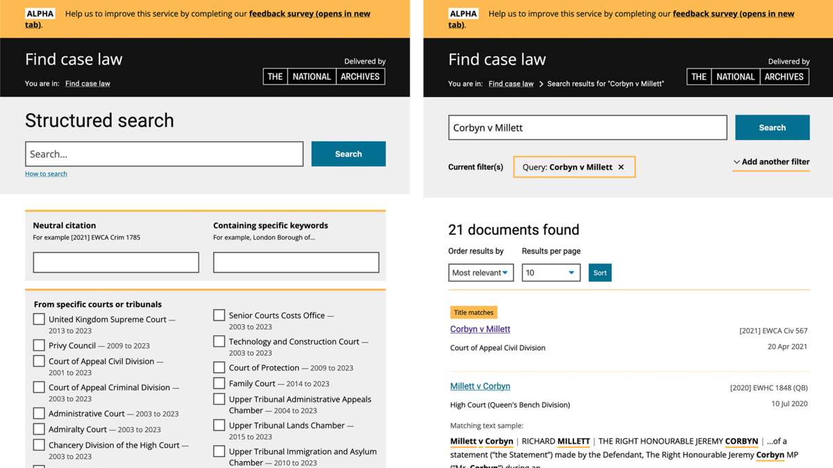 Screenshots of the Find Case Law web application
