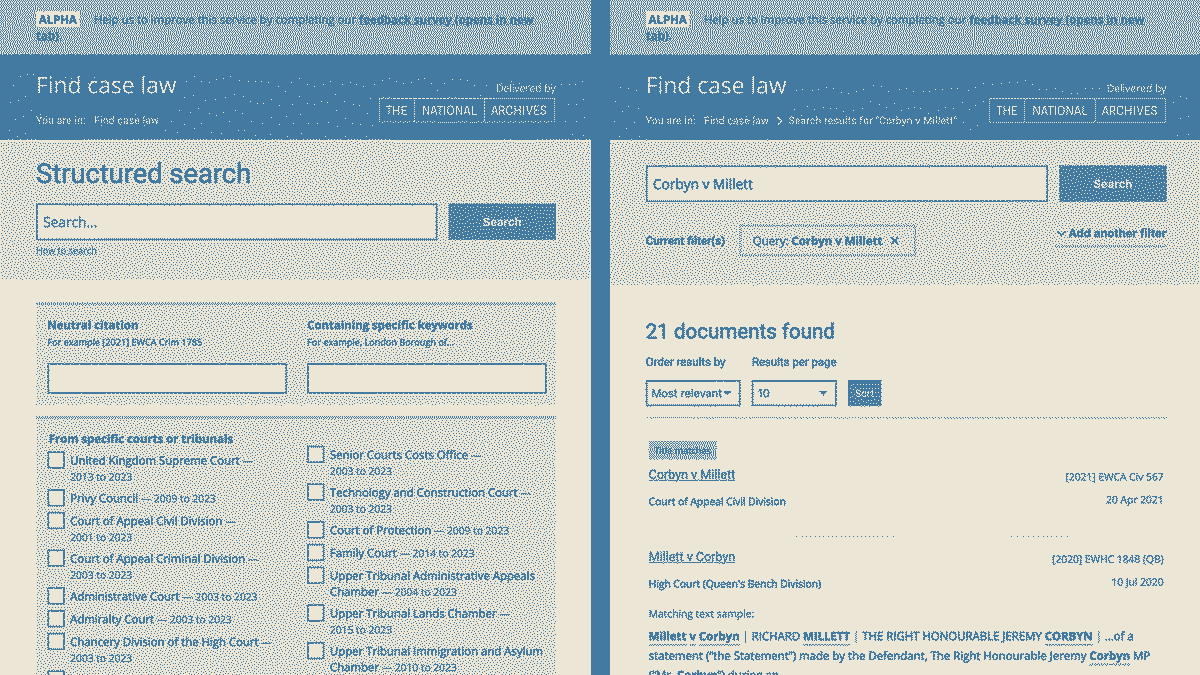 Screenshots of the Find Case Law web application