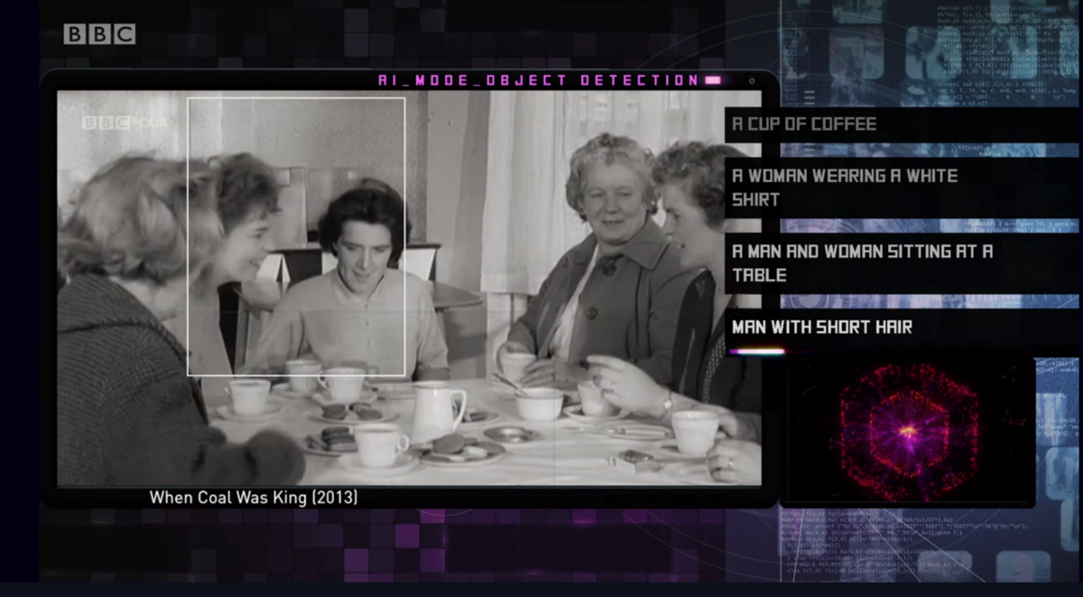 A screenshot from the programme – a clip from a black and white documentary overlaid with graphics showing the objects identified in the scene by a machine learning algorithm