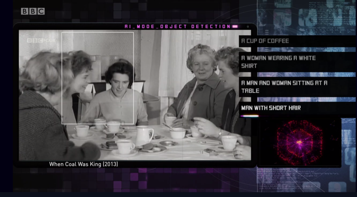 A screenshot from the programme β a clip from a black and white documentary overlaid with graphics showing the objects identified in the scene by a machine learning algorithm