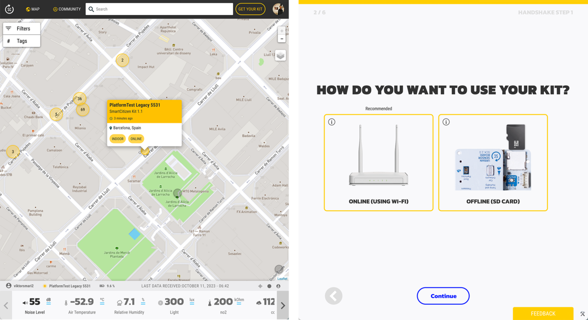 Screenshots of the SmartCitizen web application